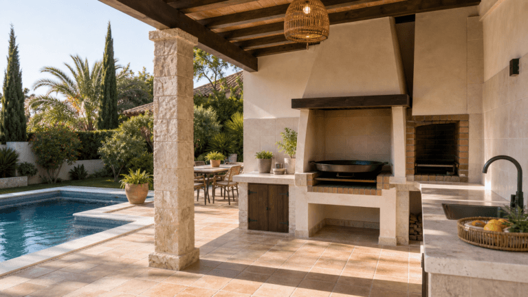 cocina exterior paellero piscina