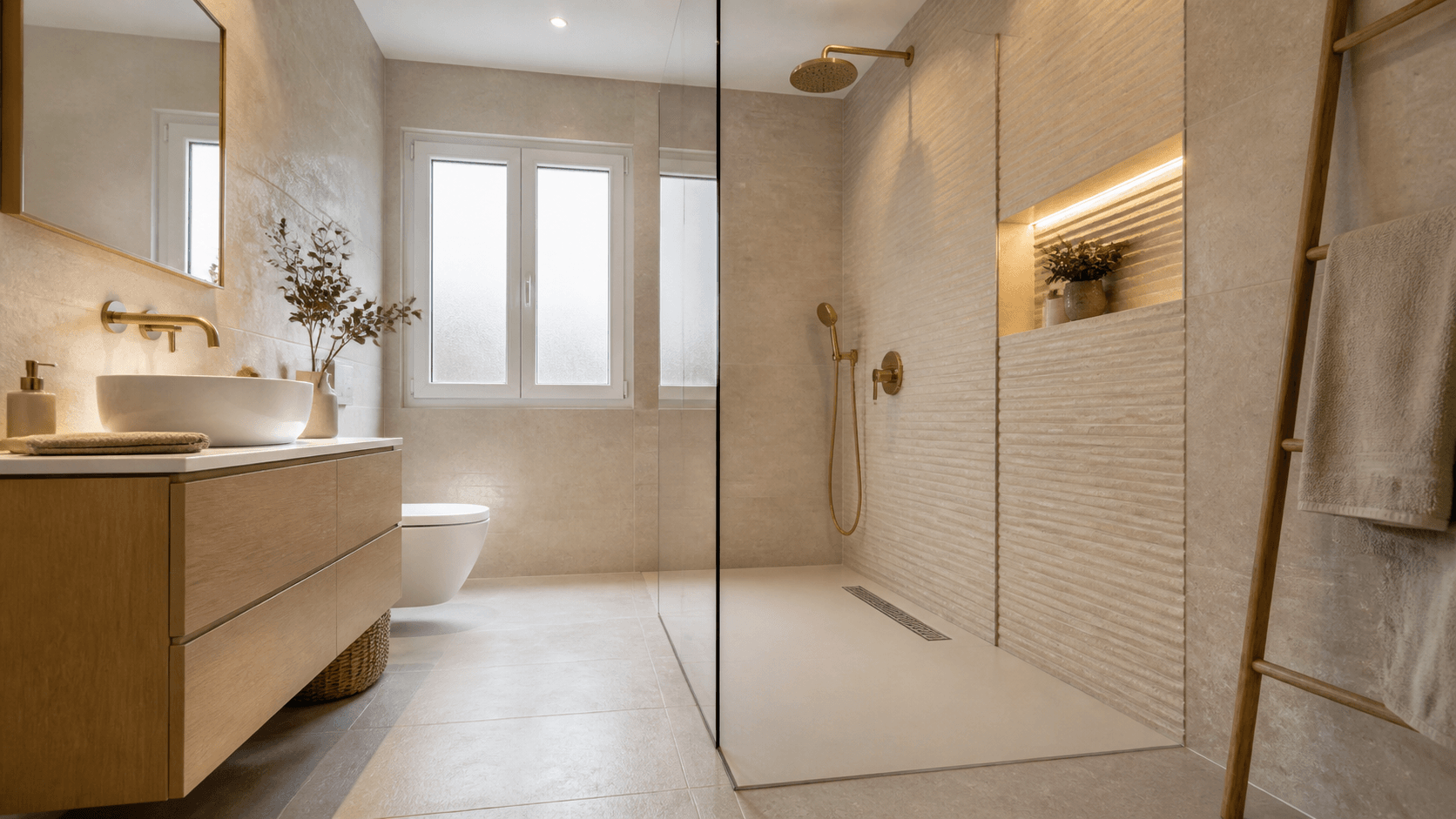 Modern bathroom with dark tiling and wall-hung basin in Valencia