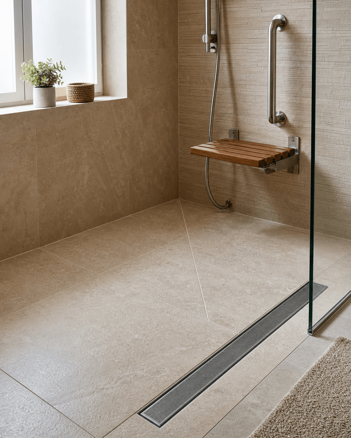 Ducha a ras de suelo para mayores: medidas, pendiente y asiento bien resueltos