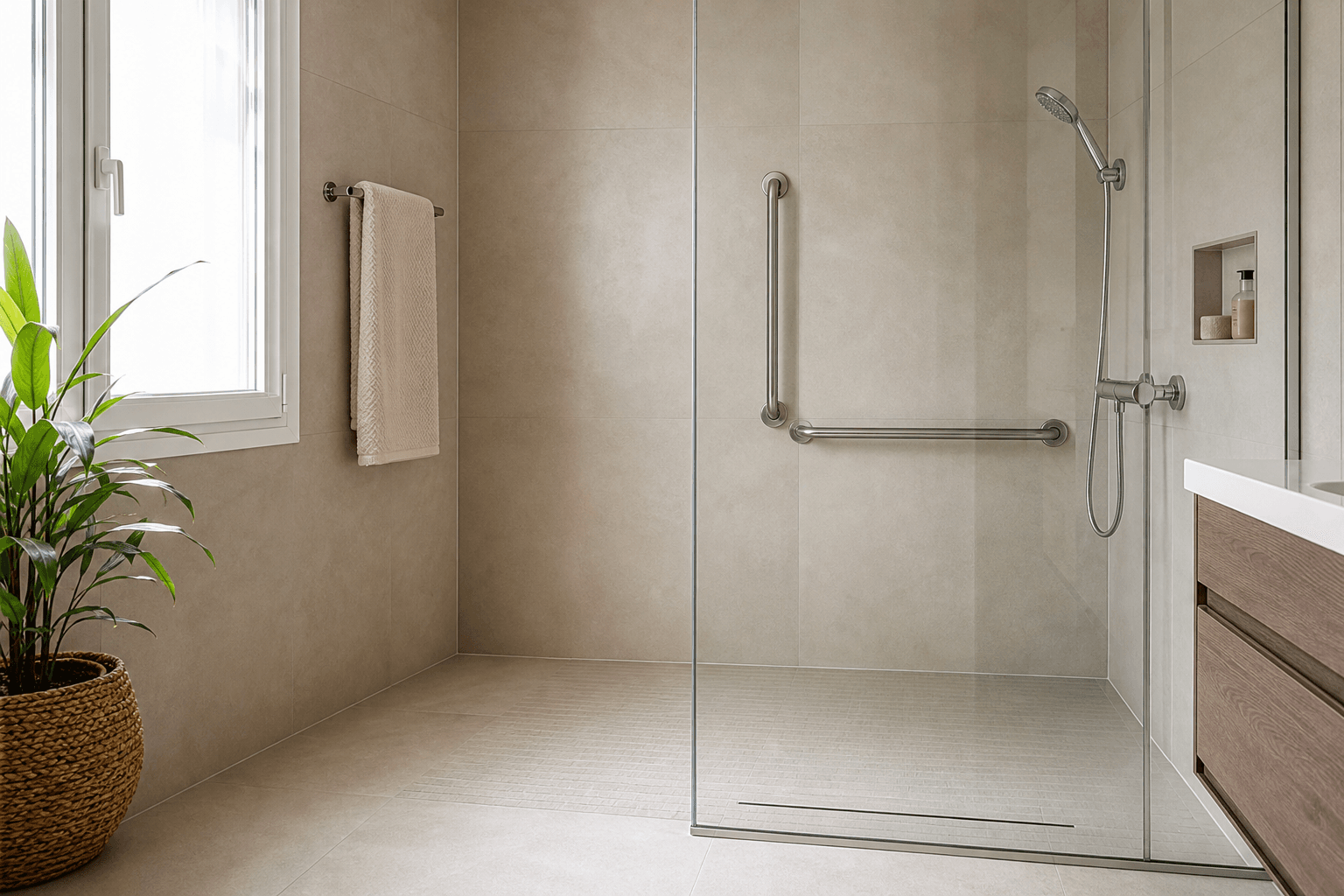Designer bathroom renovation with a green glass wall and shower in La Eliana