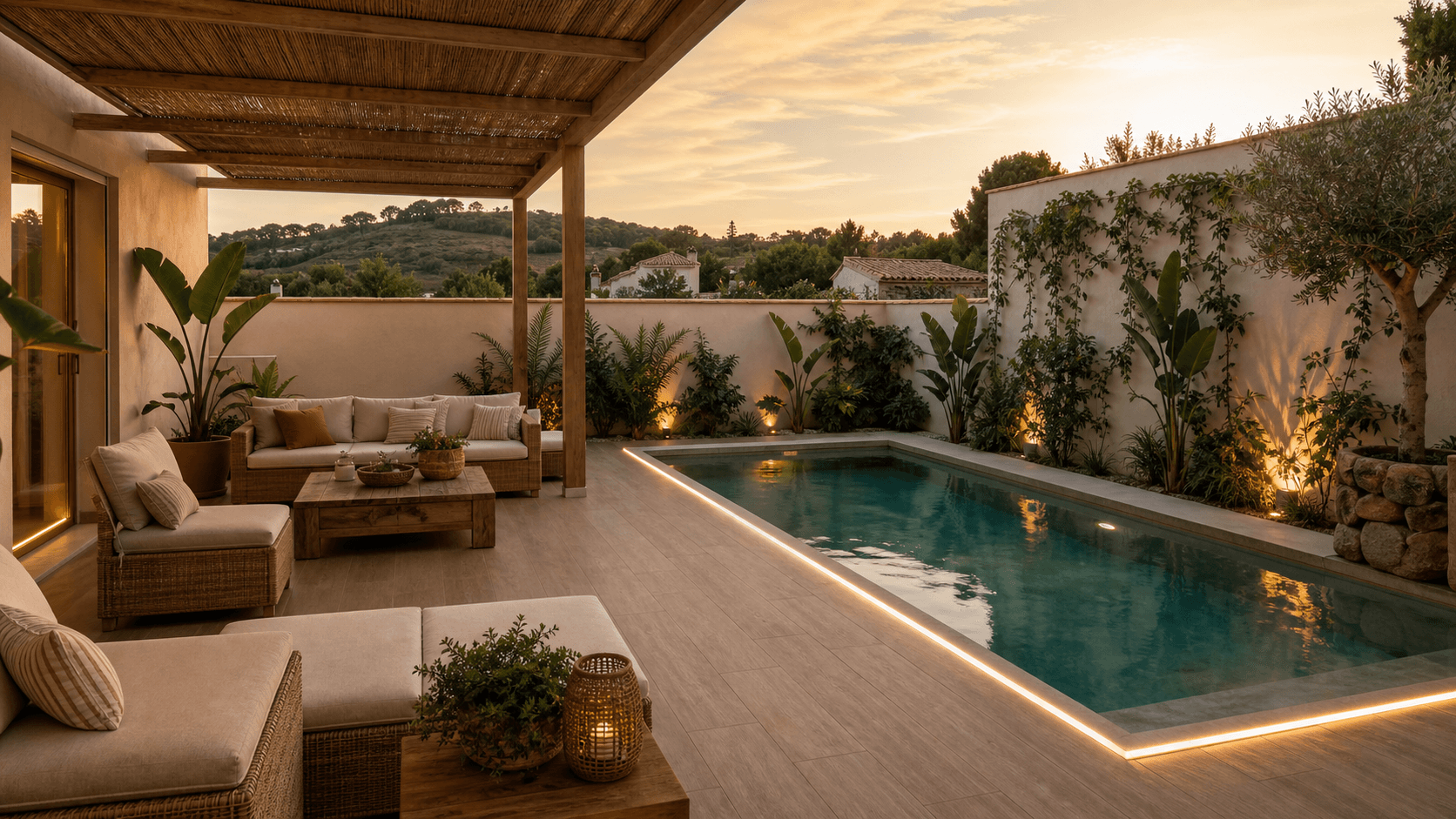 Outdoor area with a pergola after a full renovation