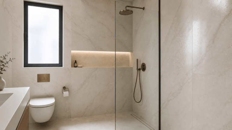 Azulejo de baño porcelánico de gran formato en una reforma en La Eliana