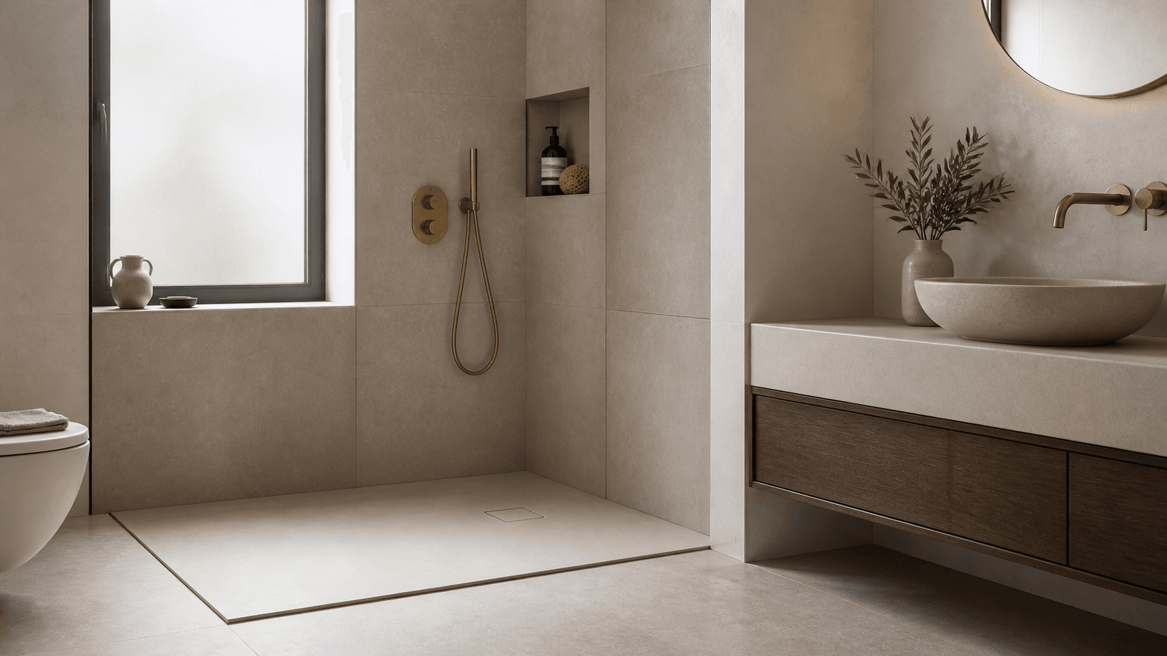 Bathroom in beige tones with a bath in Valencia