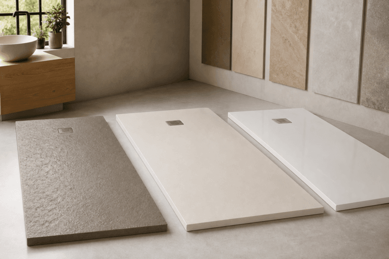 Que plato de ducha elegir: resina, carga mineral, ceramica o gres compactado, comparados
