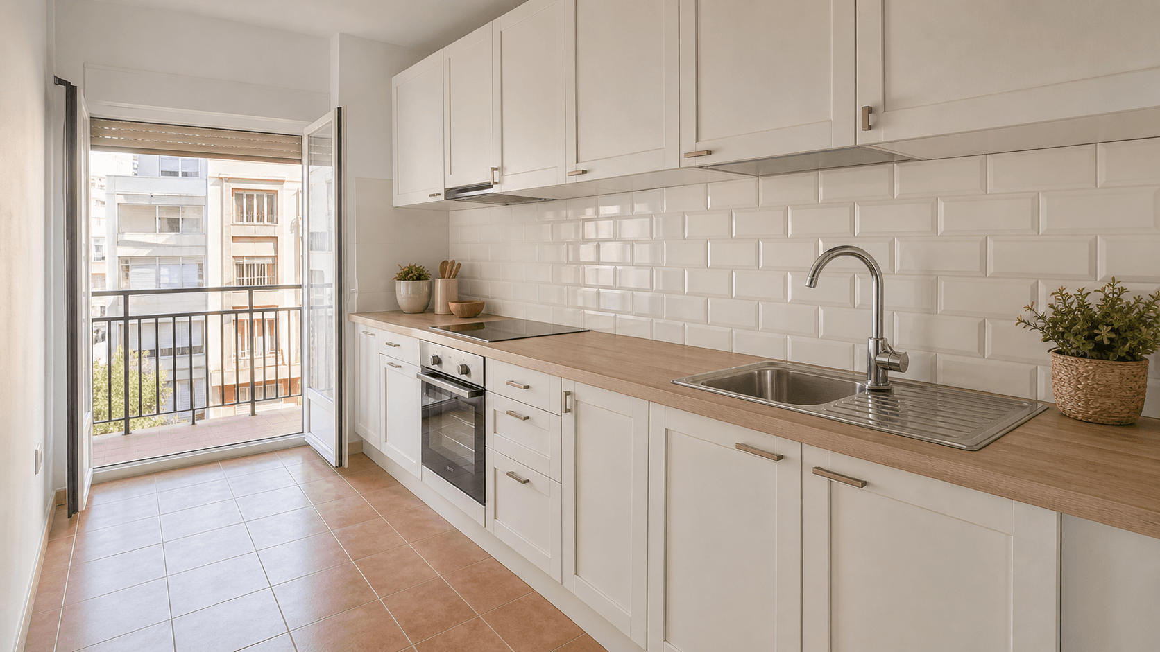 Classic white L-shaped kitchen renovation in Valencia with a quartz worktop