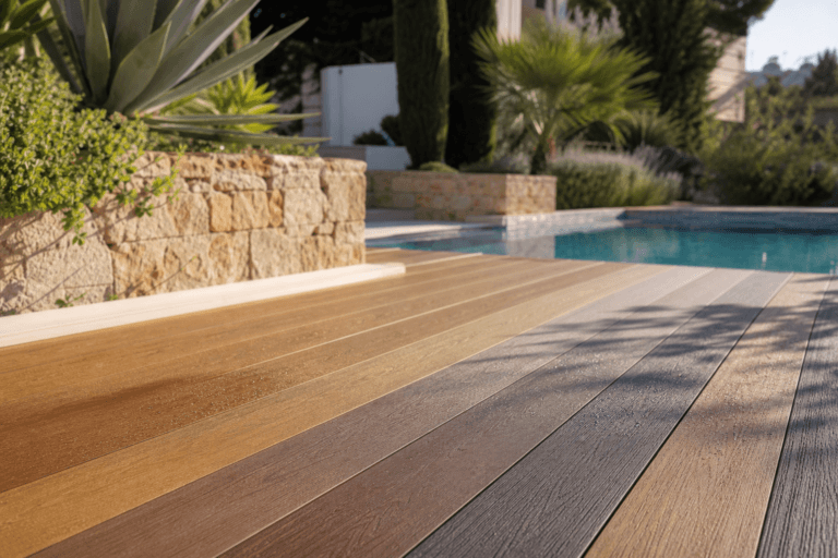 Tarima de composite junto a piscina reformada en Valencia