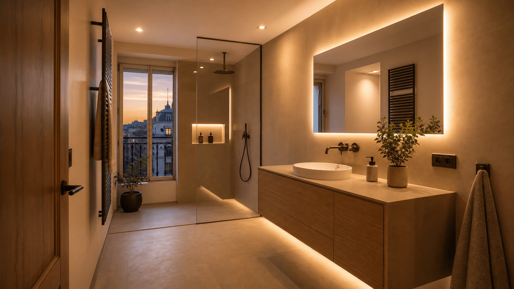 Modern bathroom renovation in dark tones with a glass screen, by Batecs