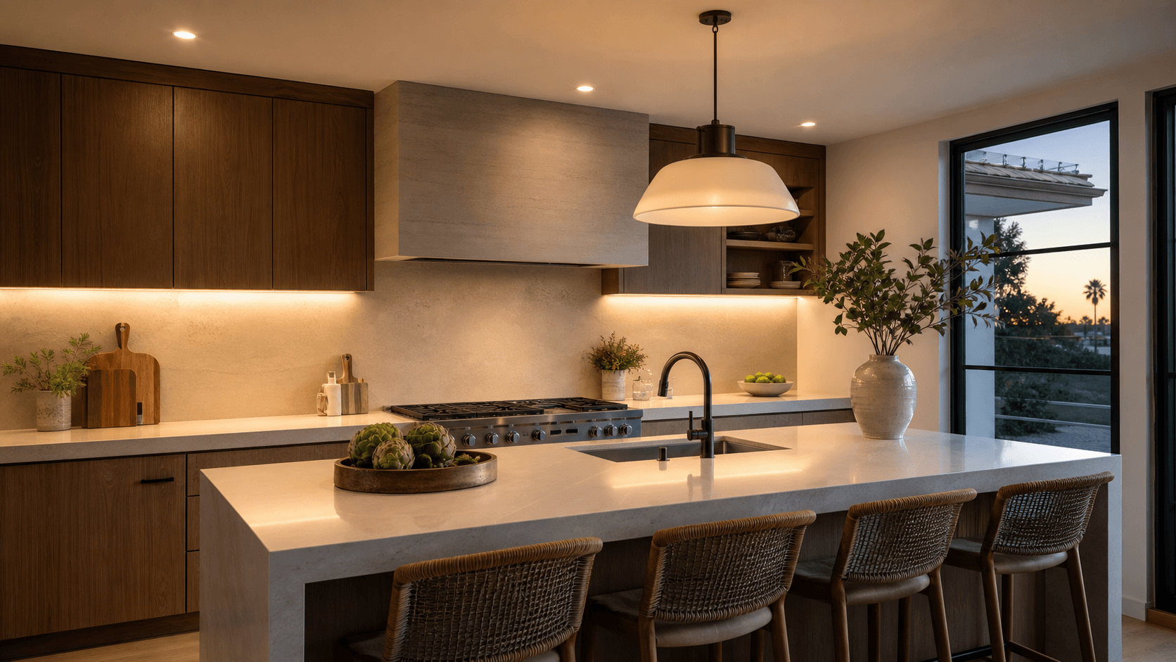 Open-plan island kitchen onto the living room in a villa in Bétera